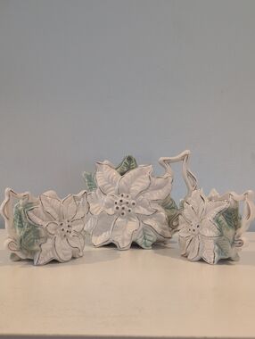 Vintage Ceramic White Poinsettia Tea Set: Pot, Creamer & Sugar Bowl. Unmarked.